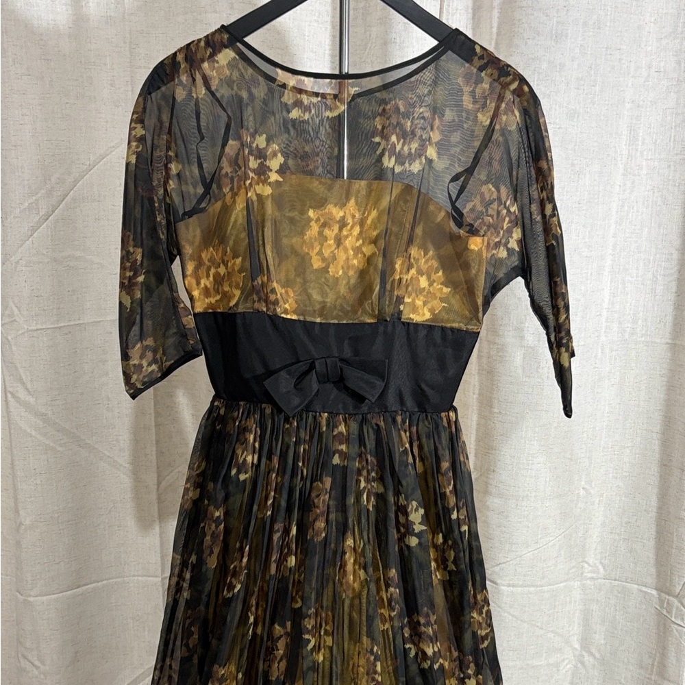 Vintage Early 60s Black and Gold Floral Garden Party Dress